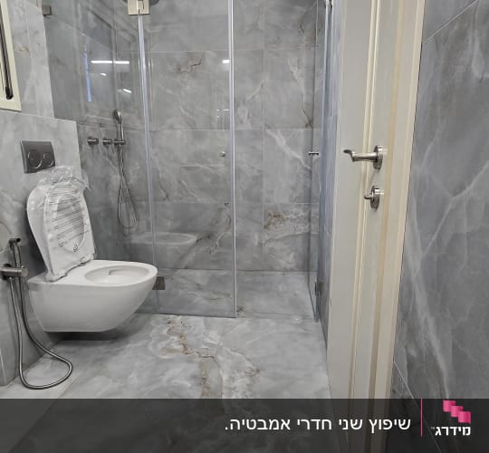 חדר אמבטיה משופץ עם מקלחון ושירותים מודרניים